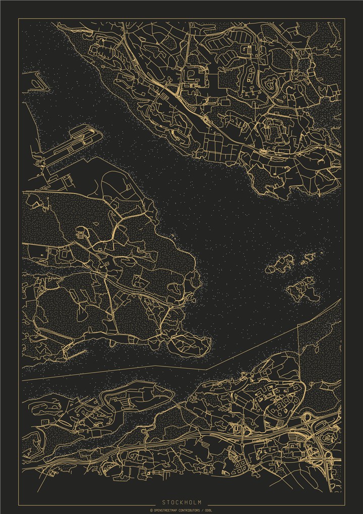 Stockholm map drawn in gold and white on black paper