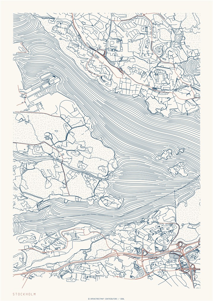 Stockholm map with fine blue streets and flowing water on ivory paper
